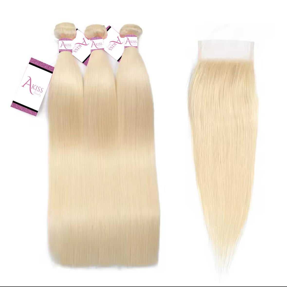 613 Blonde Straight Bundles with Closure – 3 Pack, 100% Virgin Human Hair / AKISS BEAUTY