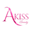 Pink 'AKISS Beauty' logo on a light pink background