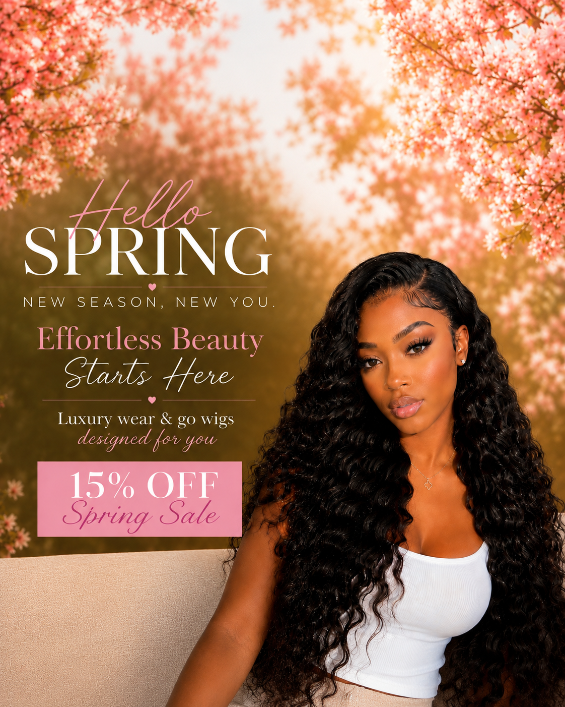 Woman with long hair against a cherry blossom background with promotional text for a spring sale.