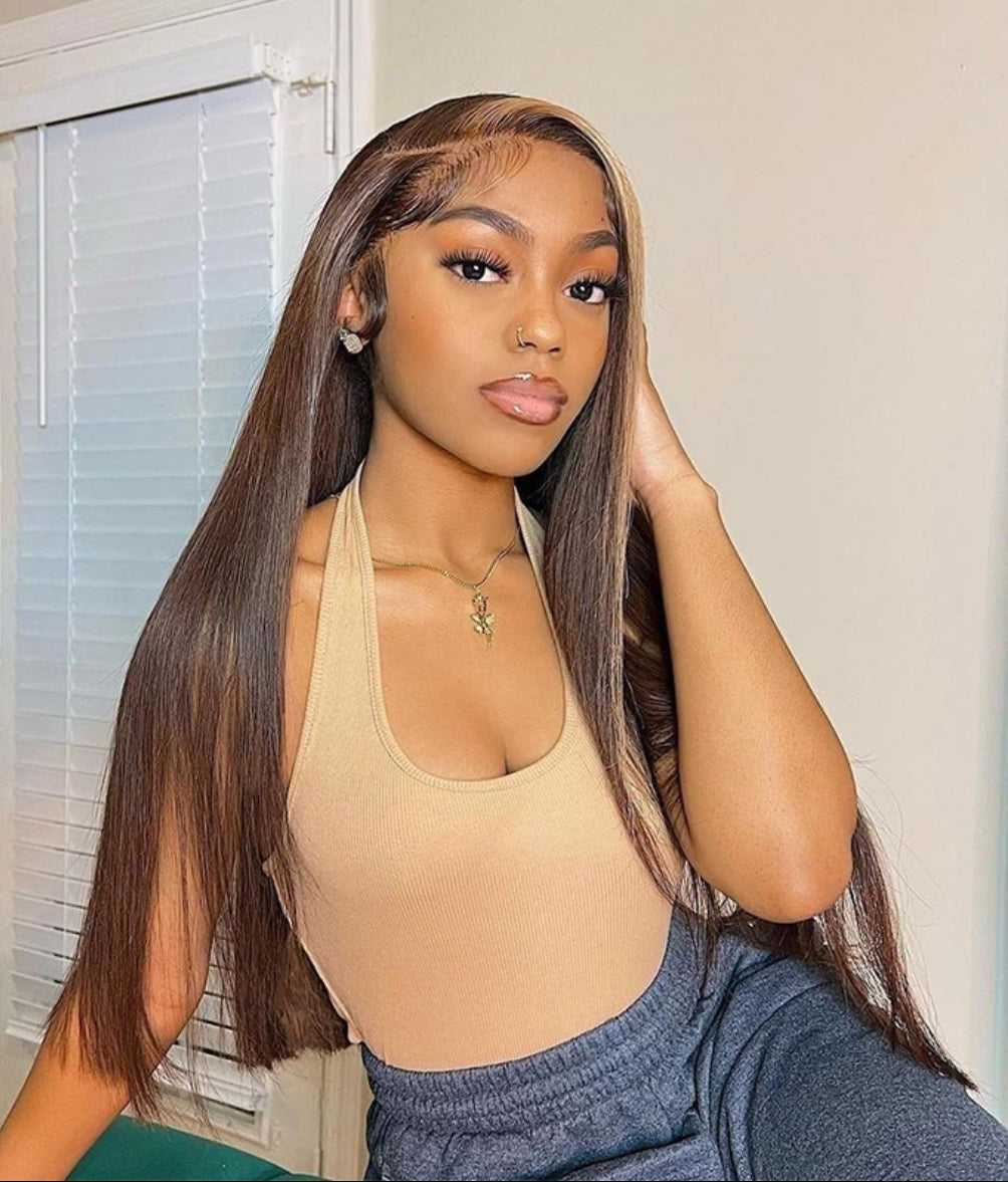 Honey Blonde & Brown Streaks Highlight Straight Lace Front Wig | AKISS BEAUTY