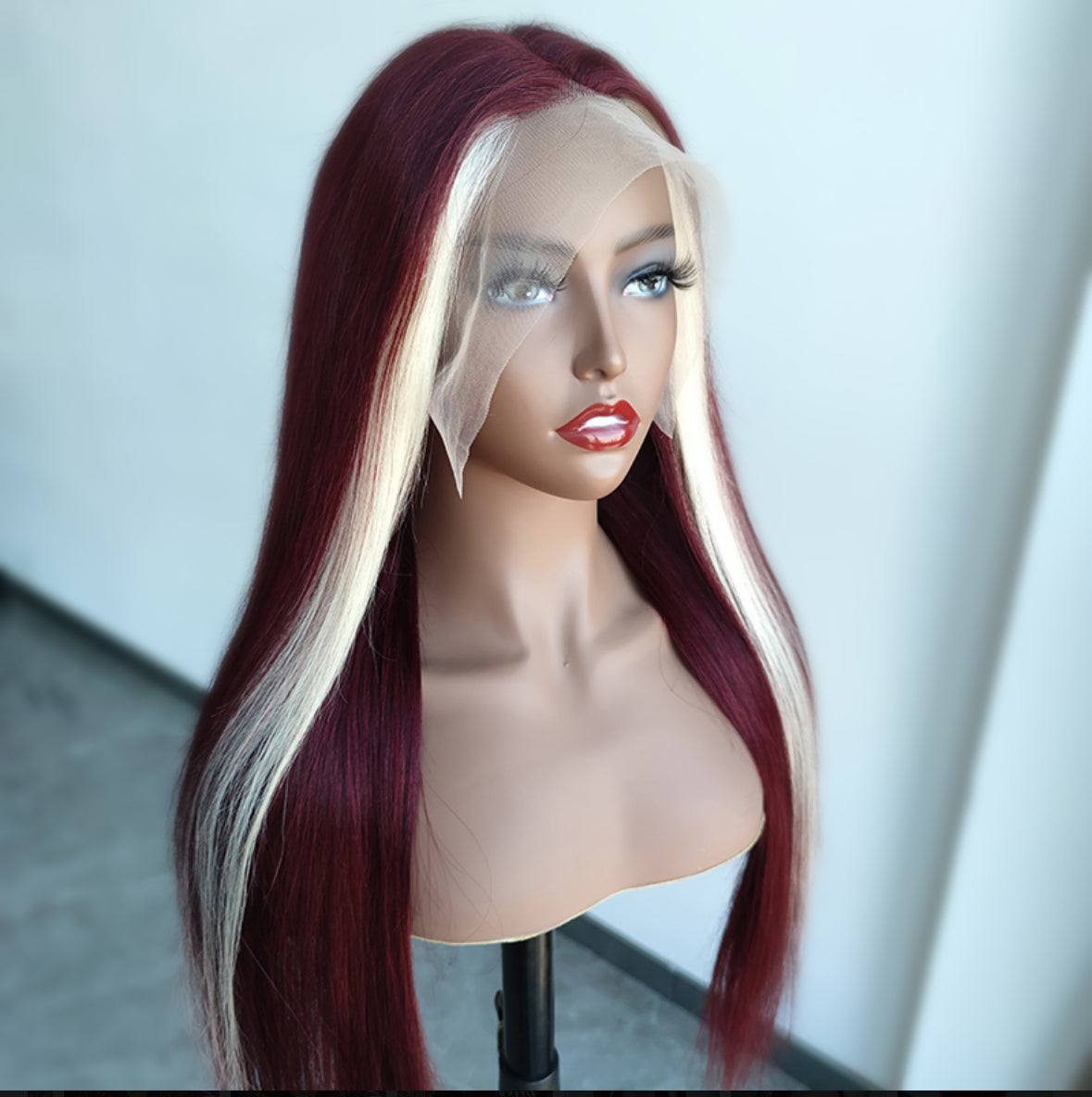 Red Wine & Blonde Skunk Stripe 13x4 Full Frontal Wig Cap | AKISS BEAUTY
