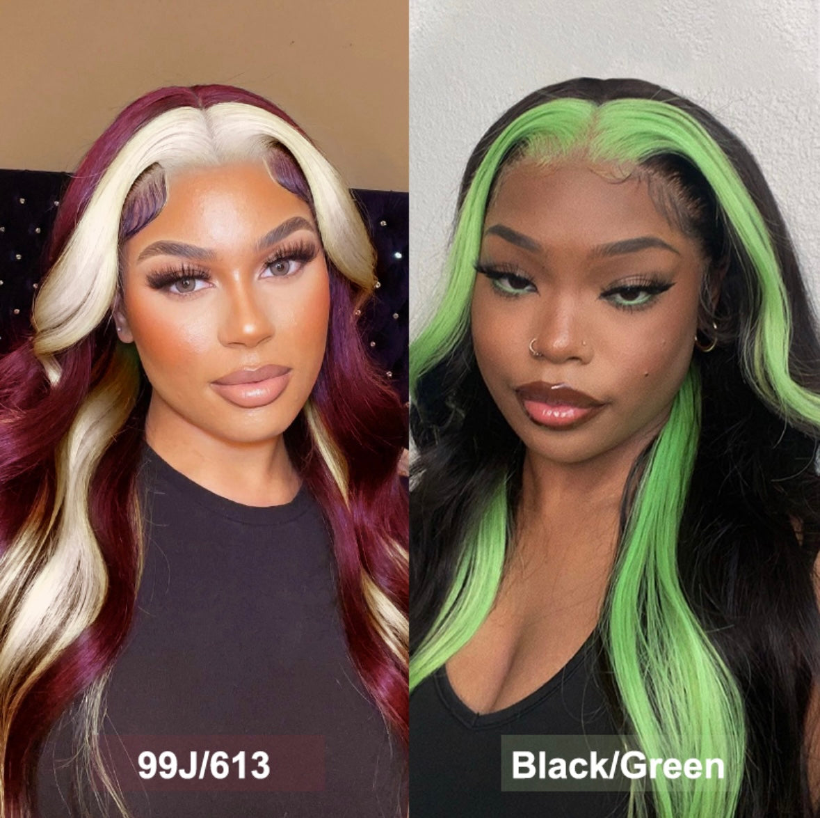 Trendy Color 99J/613 & Green Black Skunk Stripe Middle Part 13x4 Lace Wig | AKISS BEAUTY