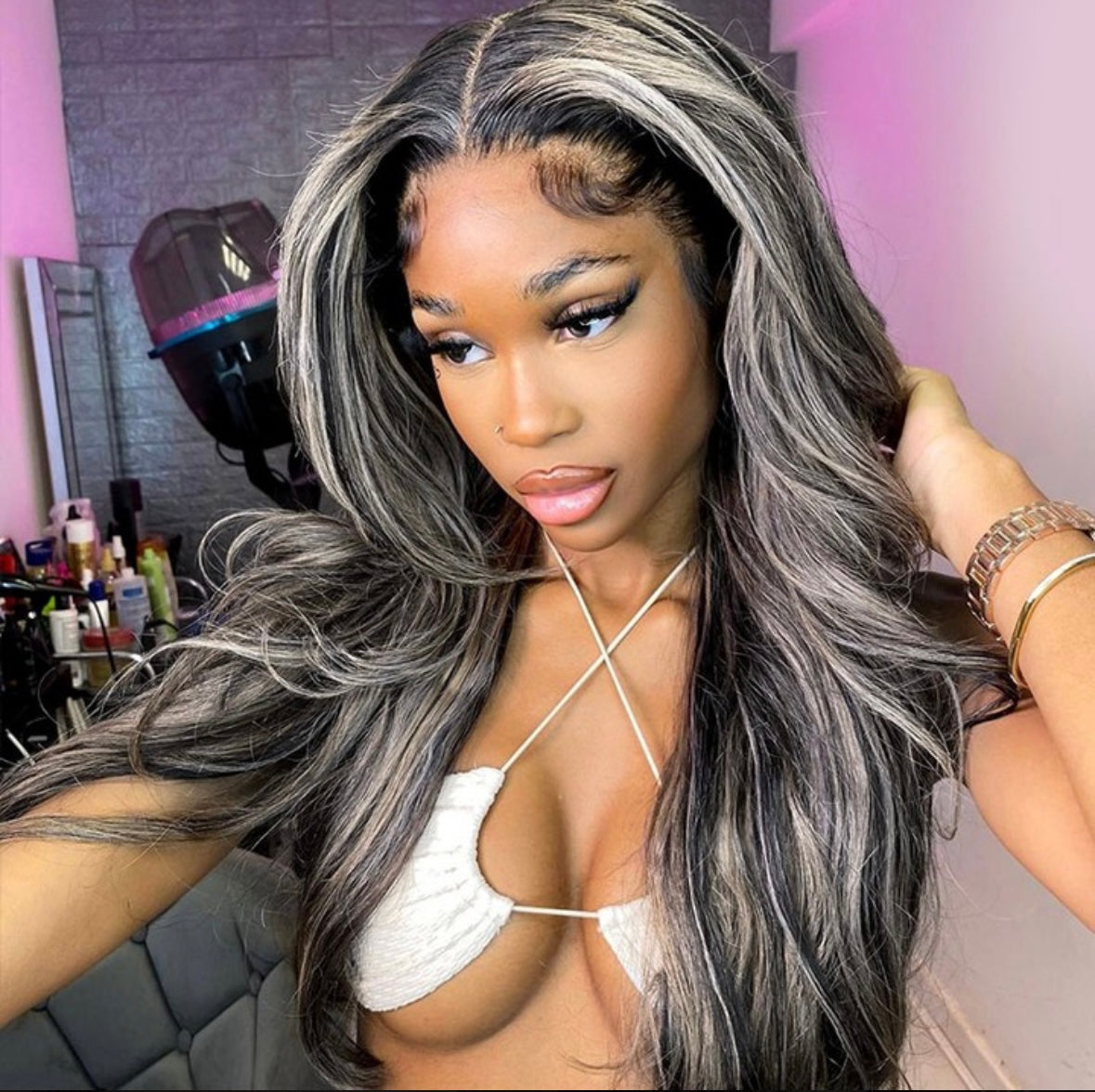Silver Highlight Straight Mixed Color Lace Front Wig | AKISS BEAUTY