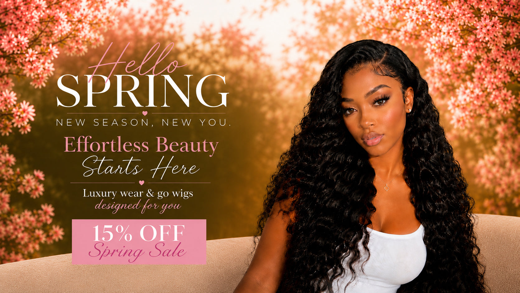 Woman with long hair against a floral background with promotional text for a wig brand.