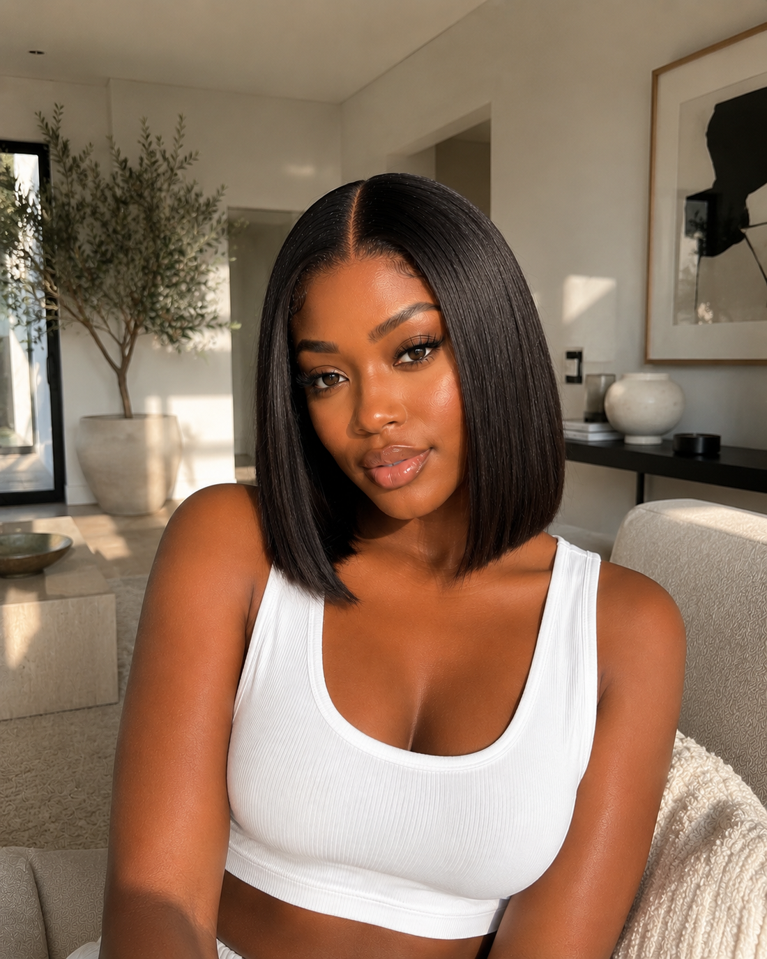 Woman in a white top sitting in a modern living room.