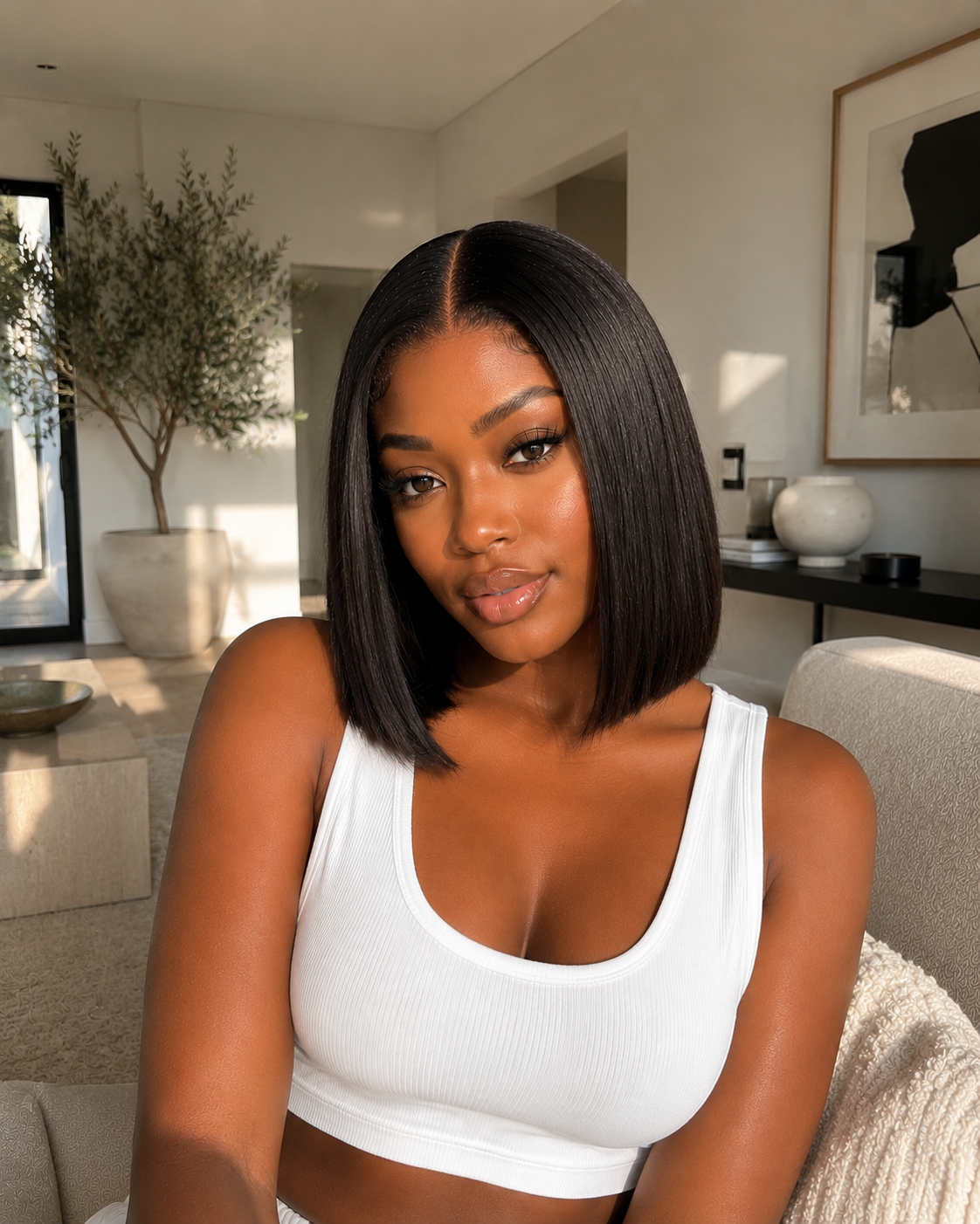 Woman in a white top sitting in a modern living room.