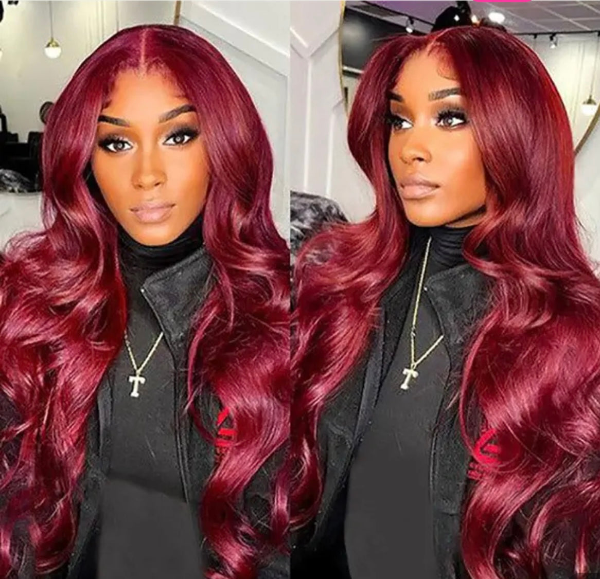 Perruque sans colle 99J bordeaux, ondulée, 100% cheveux naturels