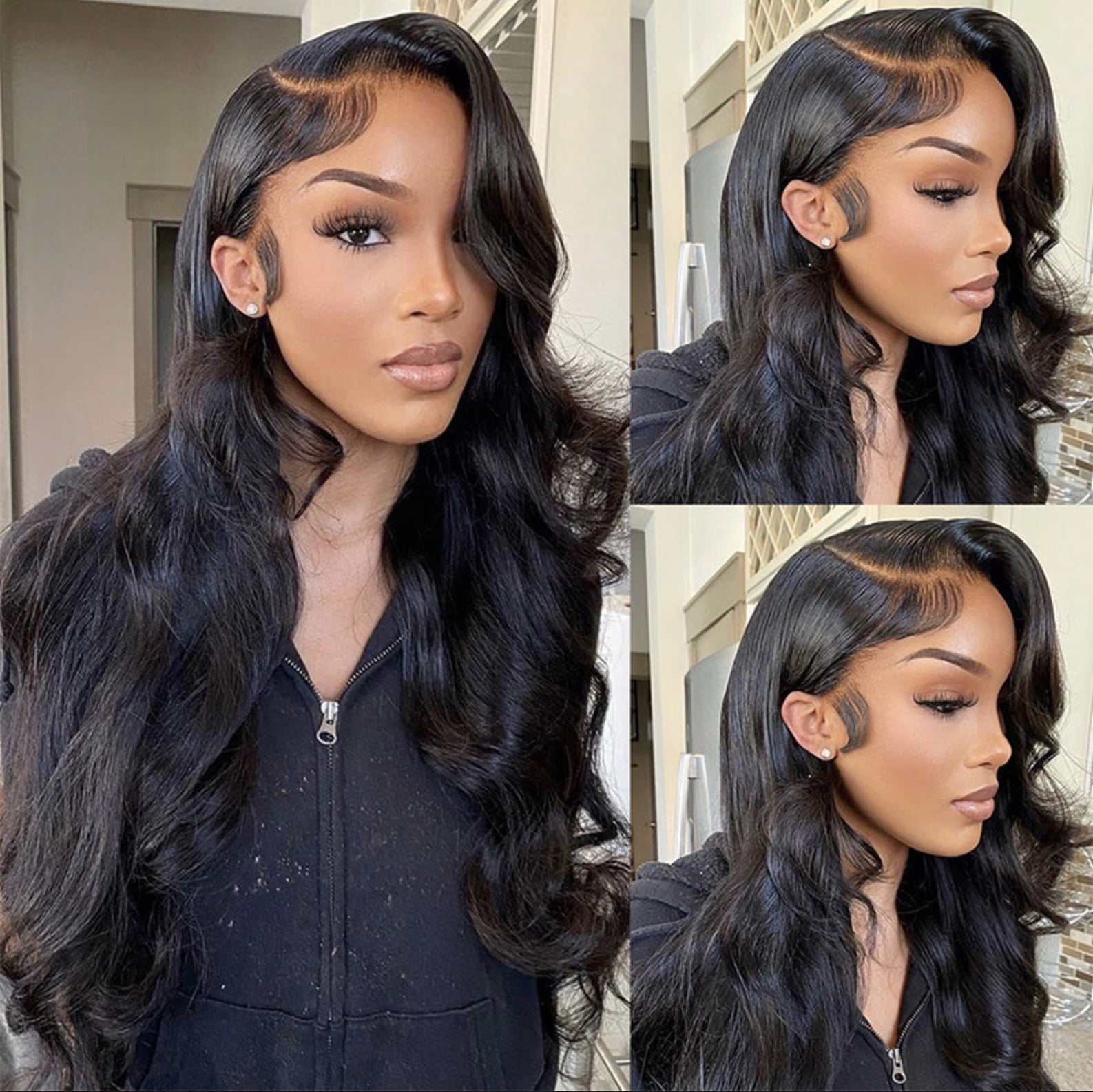 Collage of a woman with styled hair, including close-ups of the wig and model wearing it.