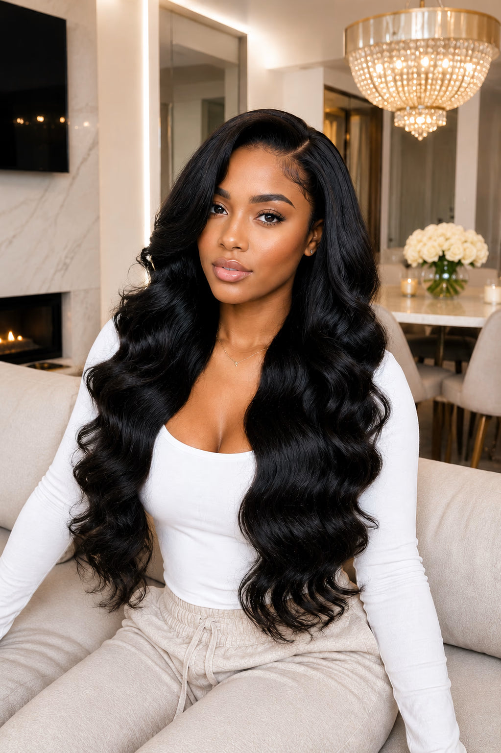 Woman with long, wavy black hair sitting on a couch in a stylish room.