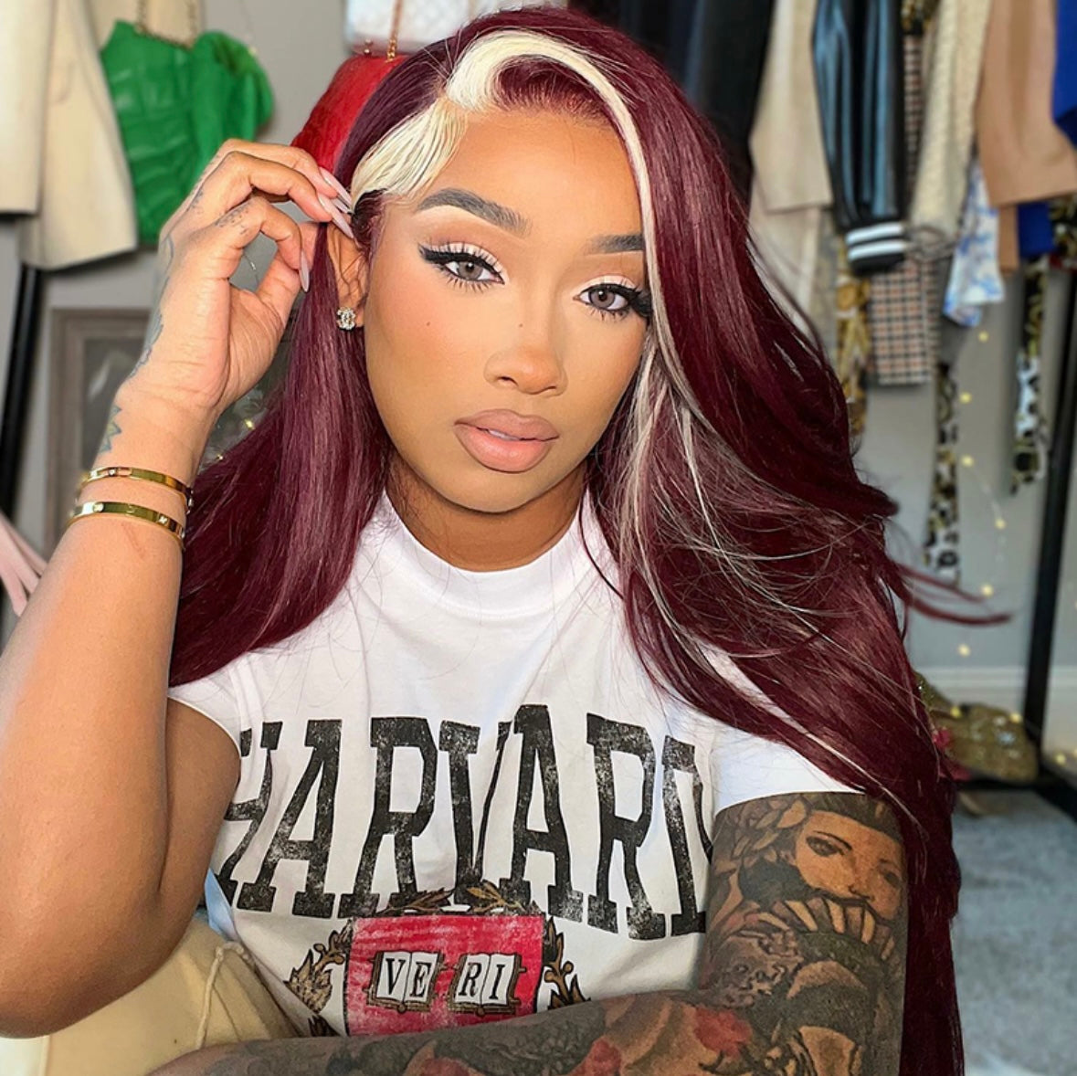Red Wine & Blonde Skunk Stripe 13x4 Full Frontal Wig Cap | AKISS BEAUTY