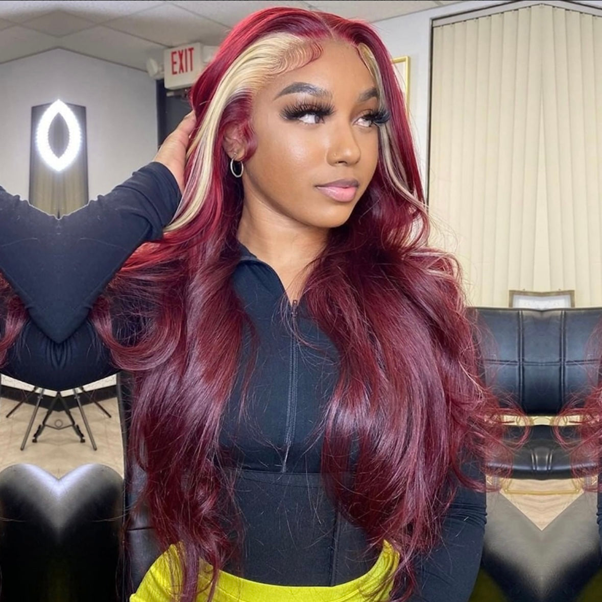 Red Wine & Blonde Skunk Stripe 13x4 Full Frontal Wig Cap | AKISS BEAUTY