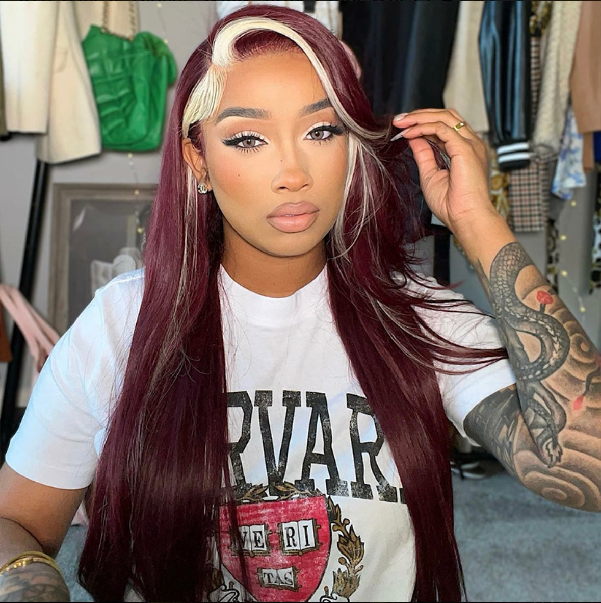 Red Wine & Blonde Skunk Stripe 13x4 Full Frontal Wig Cap | AKISS BEAUTY
