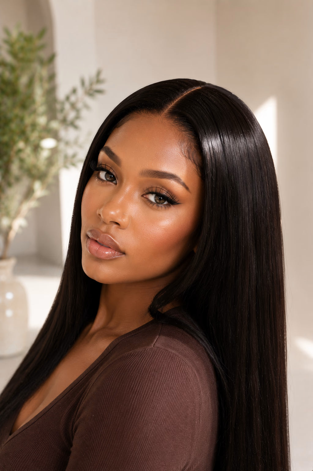 Woman with long straight hair in a neutral indoor setting