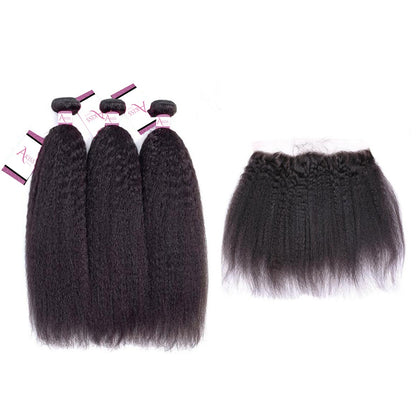 Kinky Straight Bundles + Frontal – 100% Virgin Human Hair