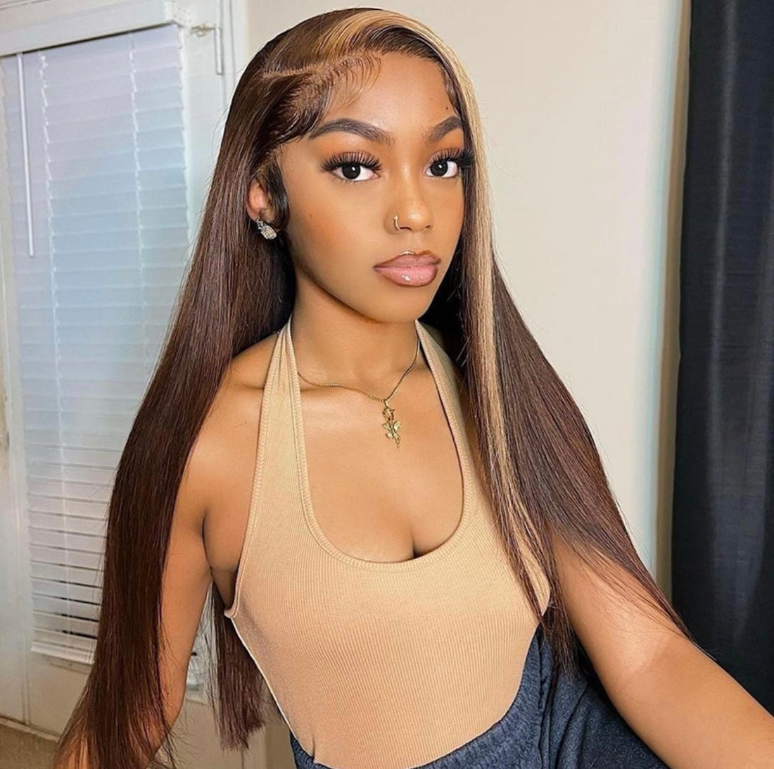 Honey Blonde &amp; Brown Streaks Highlight Straight Lace Front Wig  | AKISS BEAUTY