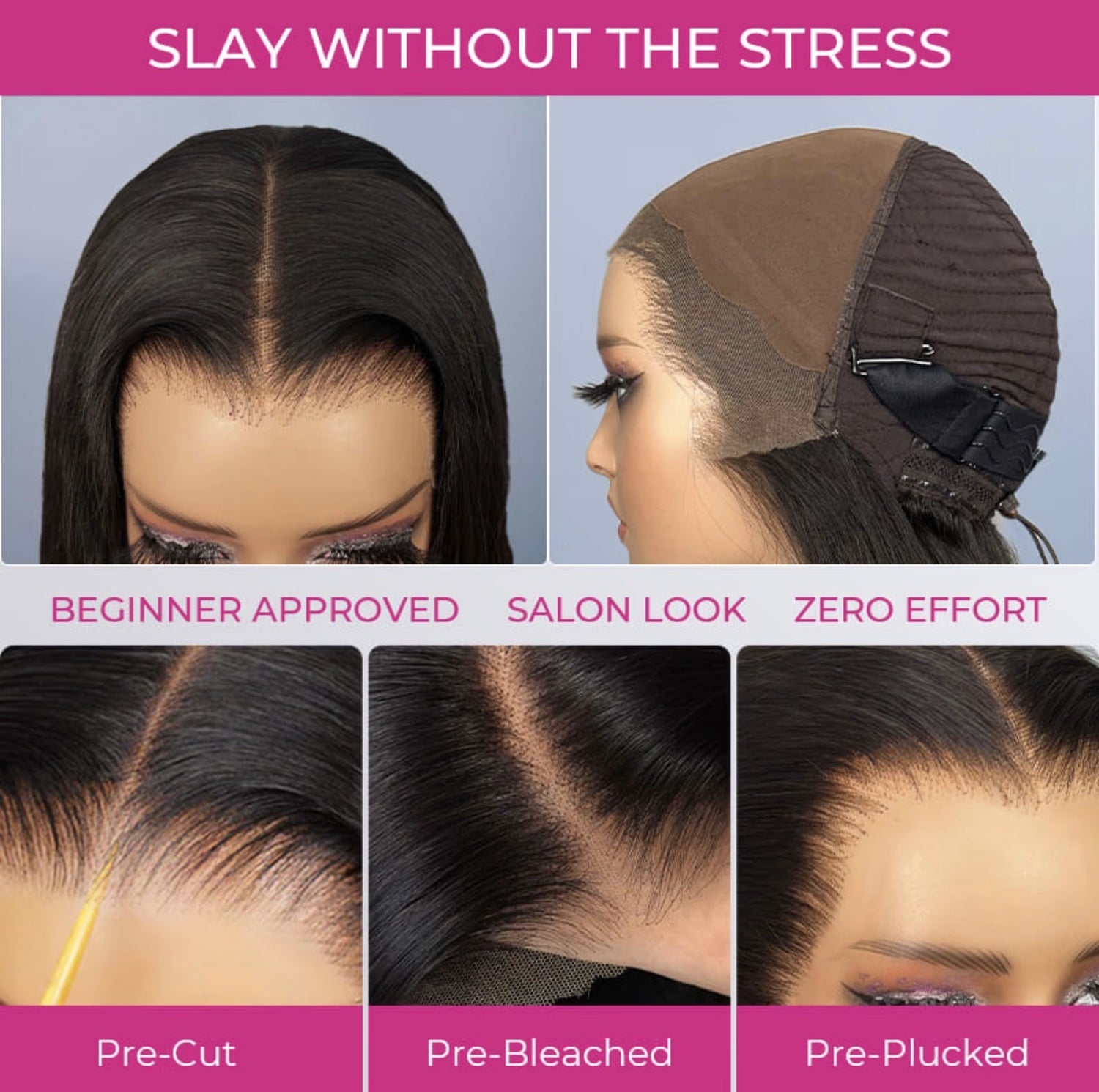 Hair product packaging with images of hair on a mannequin head and text about product features.