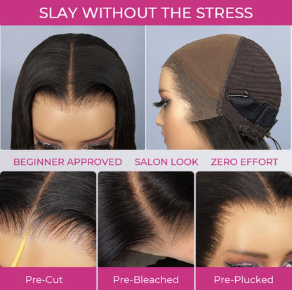 Hair product packaging with images of hair on a mannequin head and text about product features.