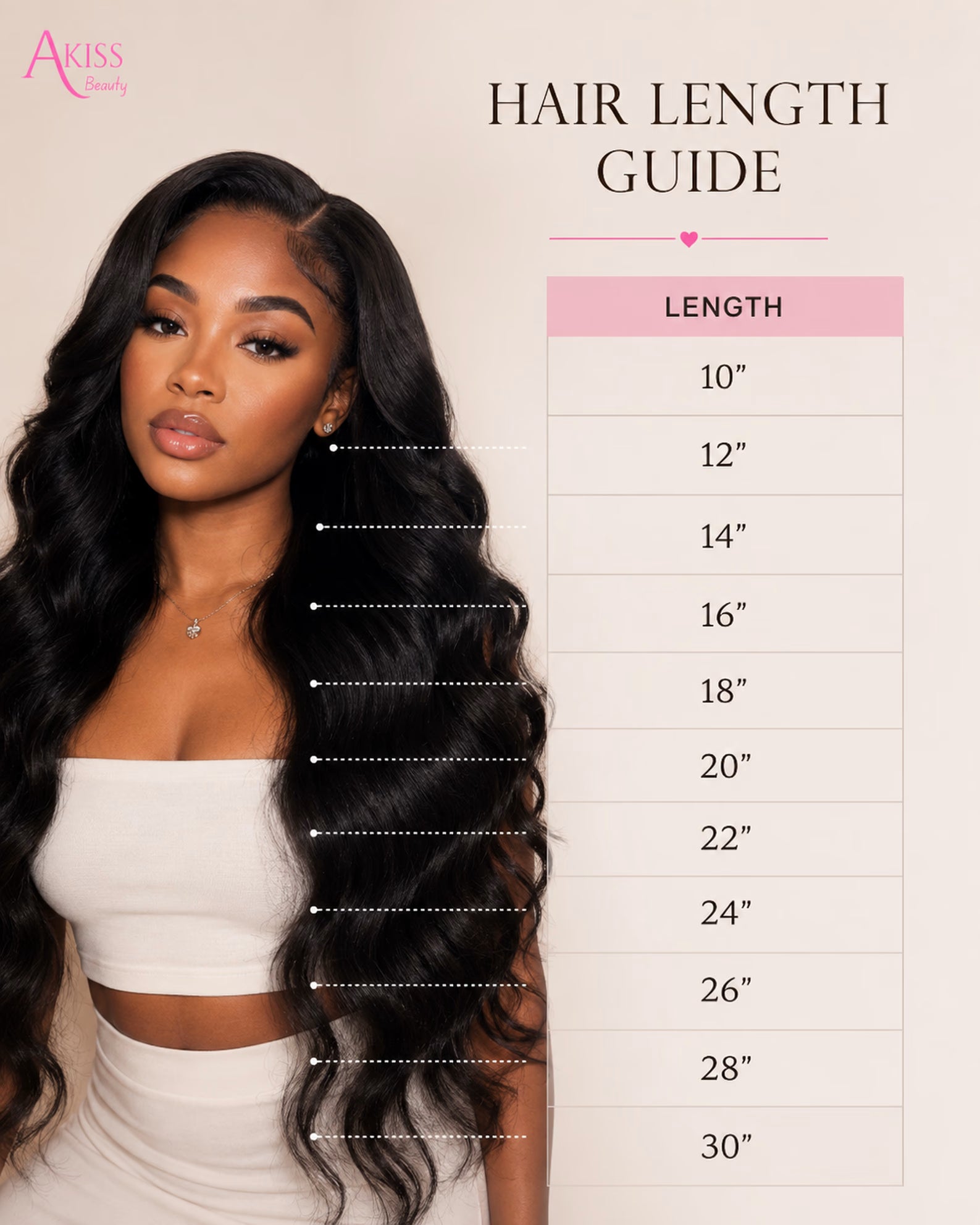 Hair length guide with a model displaying hair at various lengths and measurements.