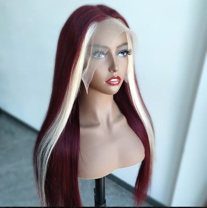 Red Wine &amp; Blonde Skunk Stripe 13x4 Full Frontal Wig Cap | AKISS BEAUTY