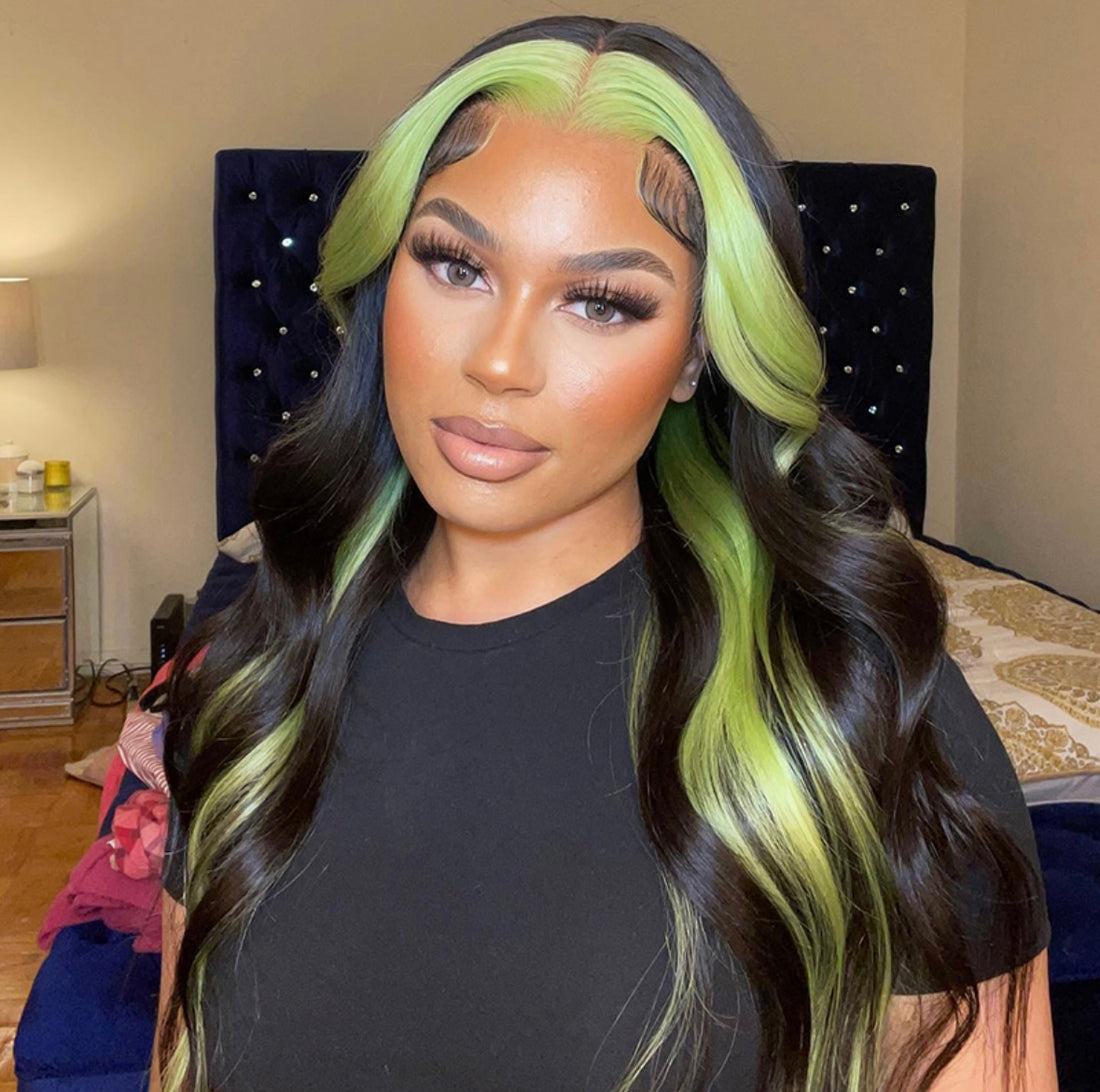 Trendy Color 99J/613 &amp; Green Black Skunk Stripe Middle Part 13x4 Lace Wig | AKISS BEAUTY