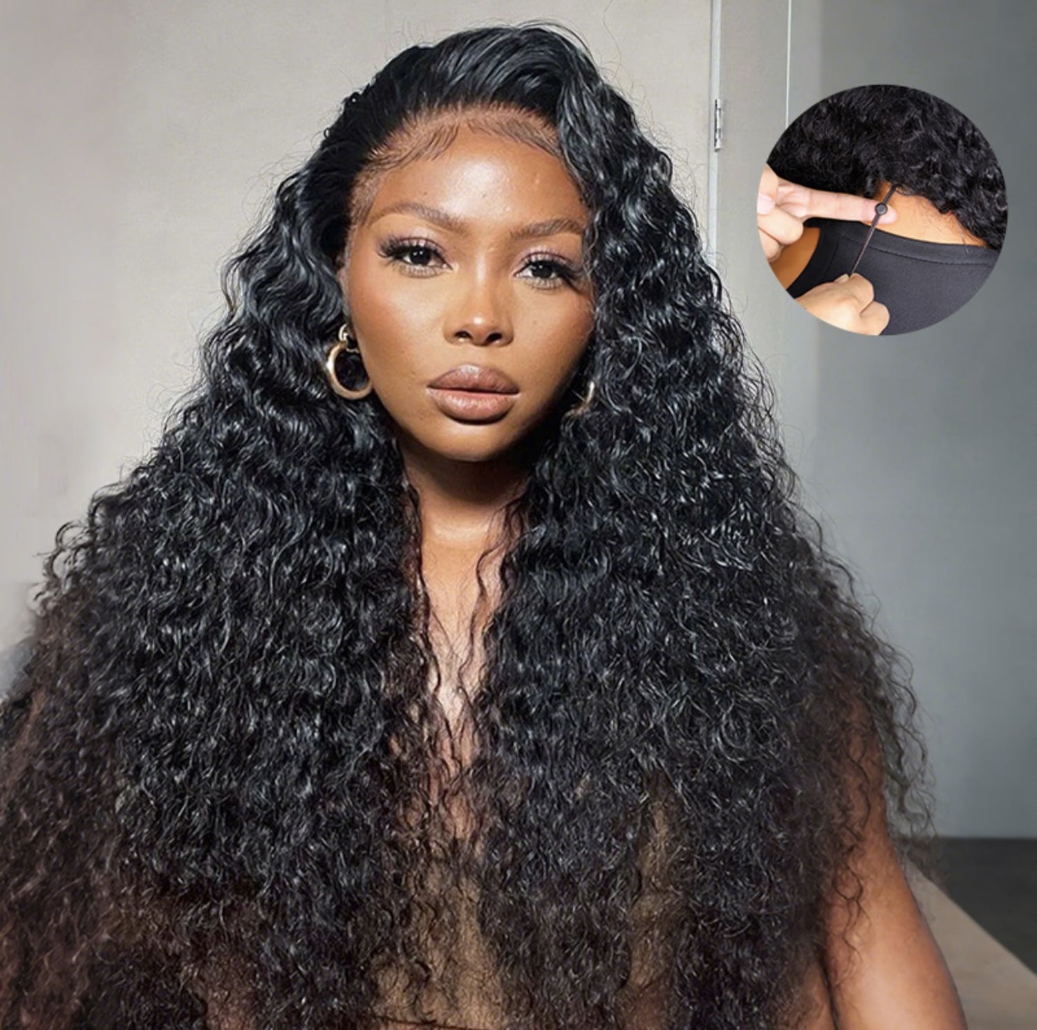 Woman with long, curly black hair wearing a wig, with a close-up inset showing the back of the wig.
