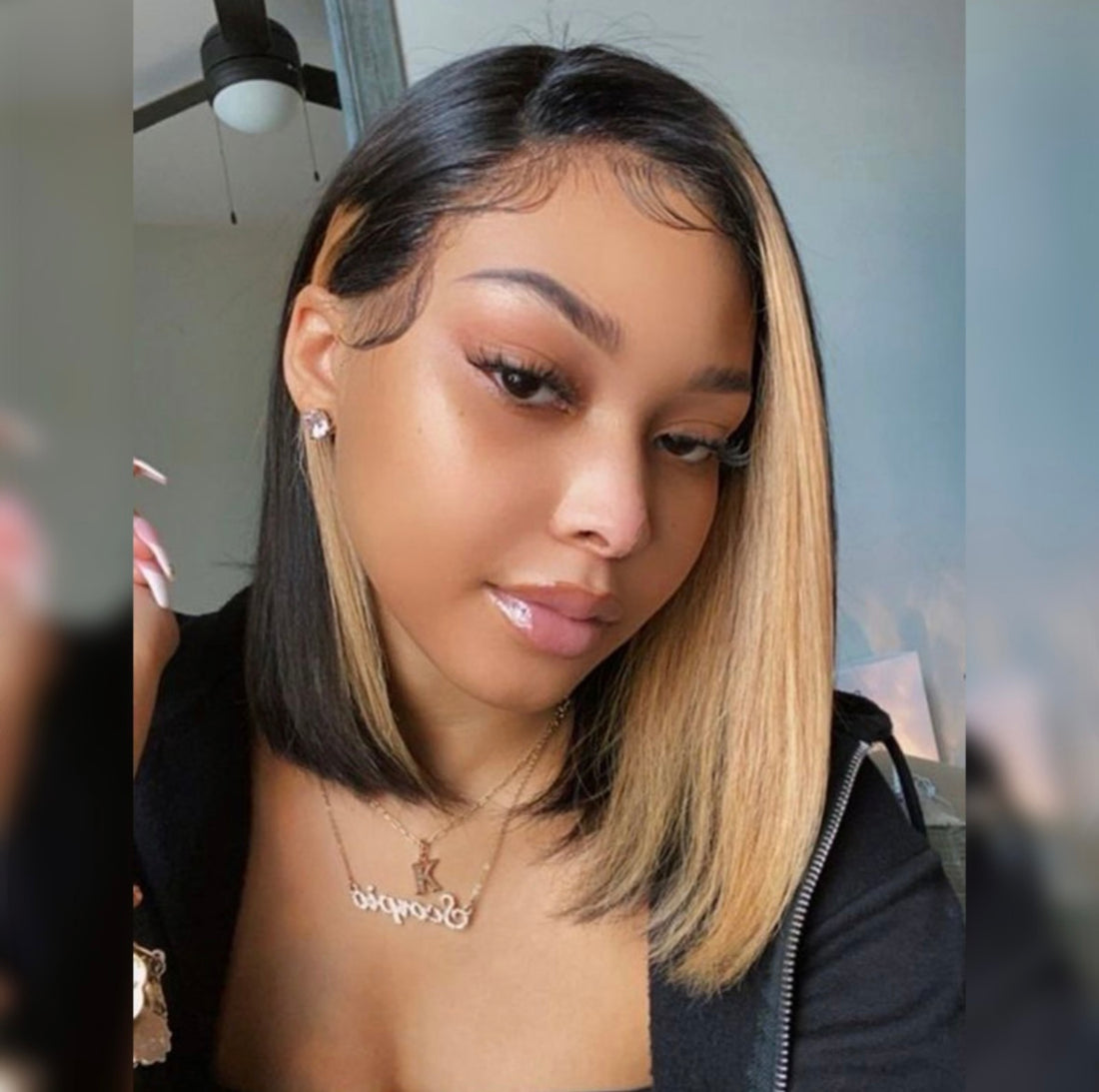 Ombre Honey Brown &amp; Black Highlight Straight Bob Lace Human Hair Wig | AKISS BEAUTY
