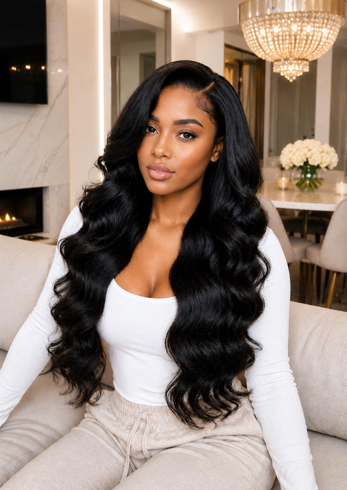 Woman with long, wavy black hair sitting on a couch in a modern living room.