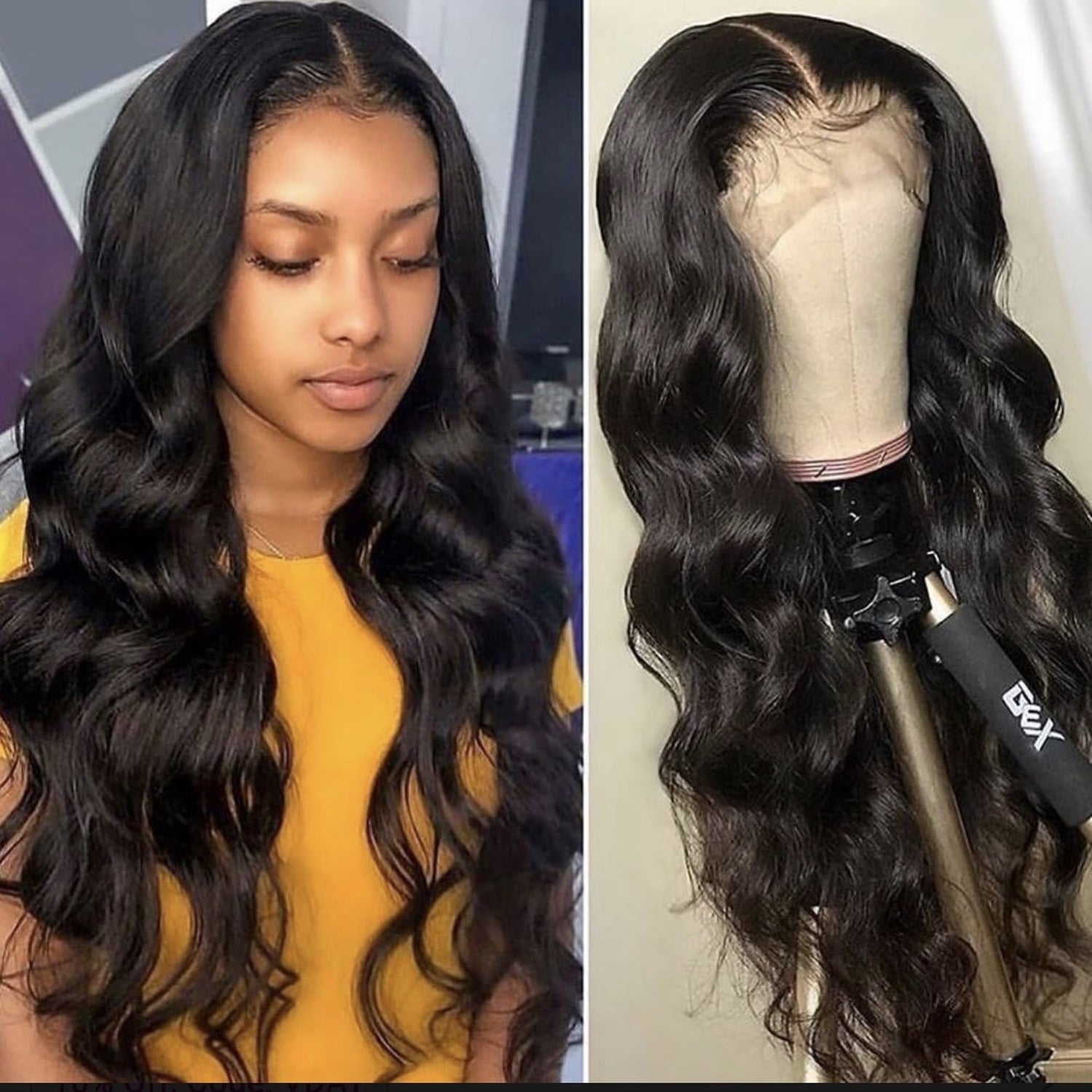 Person with long wavy hair and a wig on a mannequin head.