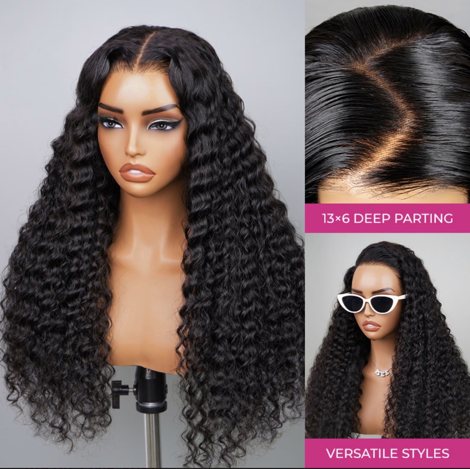 Black wig with 13x6 deep parting on a mannequin head, with additional styling options shown.