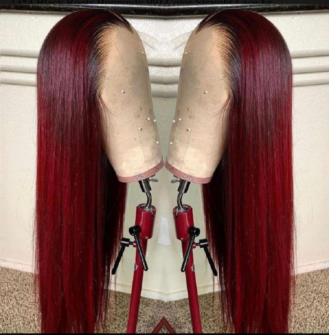 Straight Black Roots Burgundy Glueless Human Hair Wig