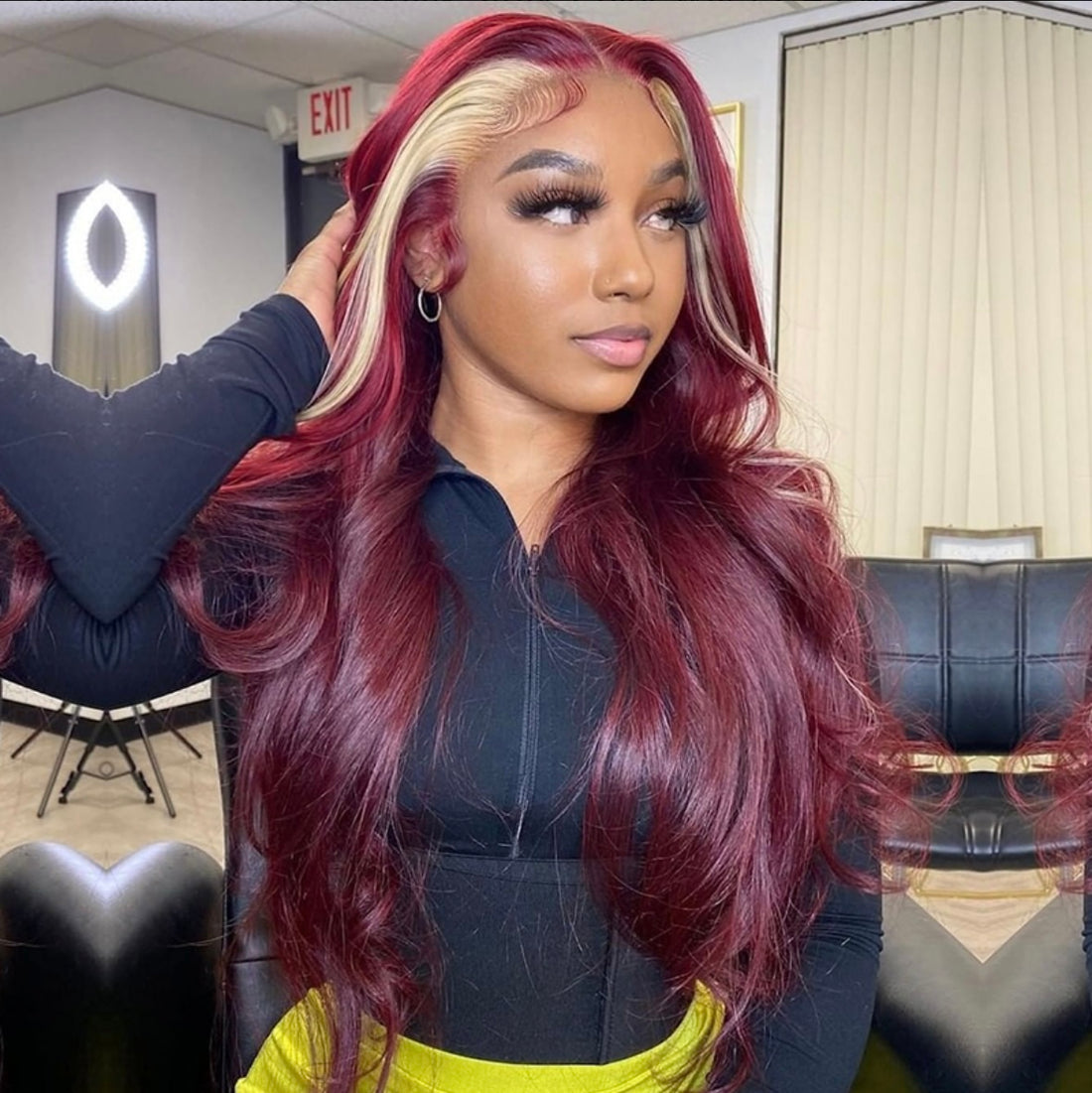 Red Wine &amp; Blonde Skunk Stripe 13x4 Full Frontal Wig Cap | AKISS BEAUTY