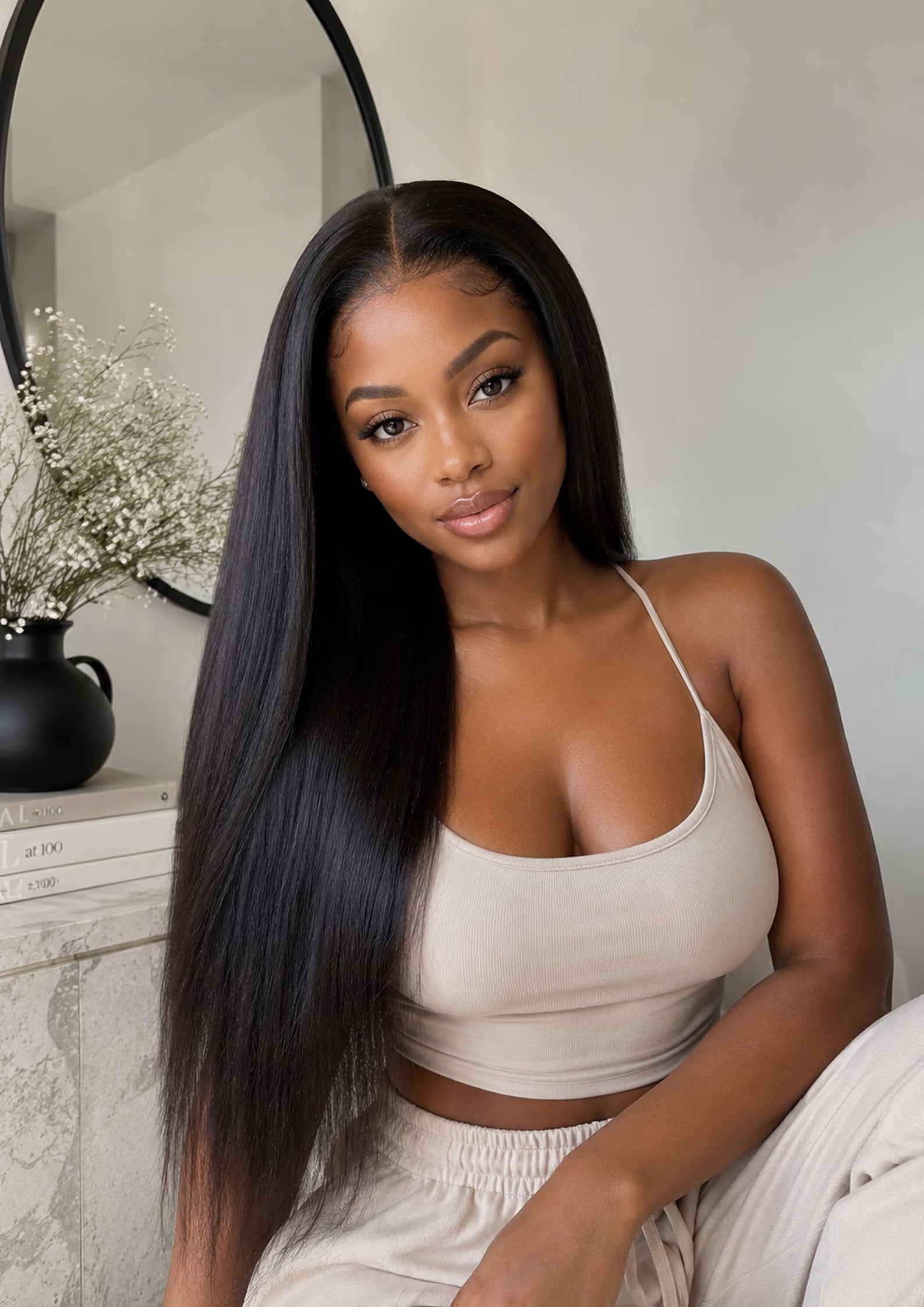 Woman with long straight hair sitting in a room with a mirror and plant.