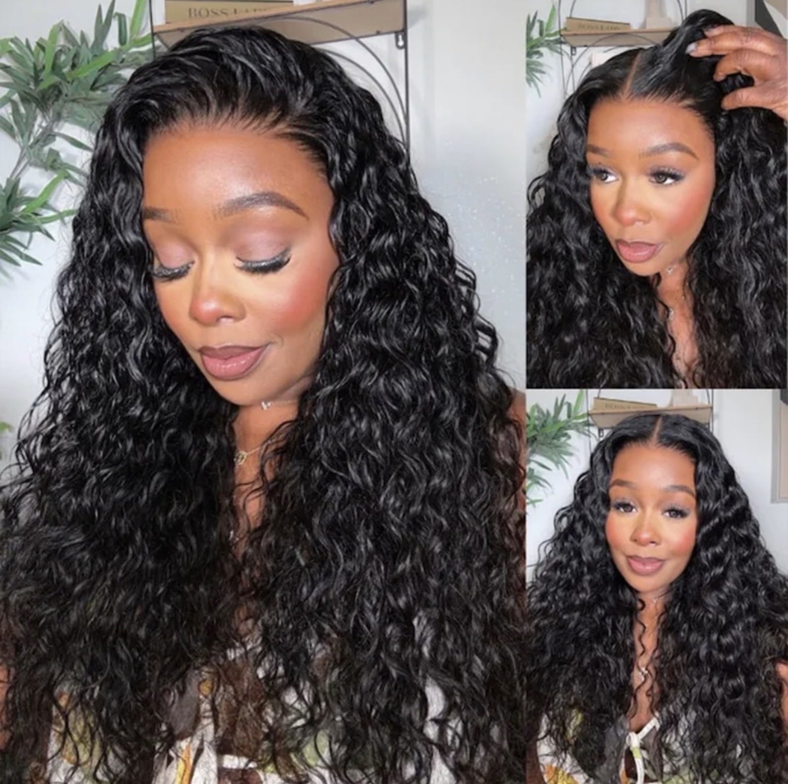 Woman with long, wavy black hair in various angles.